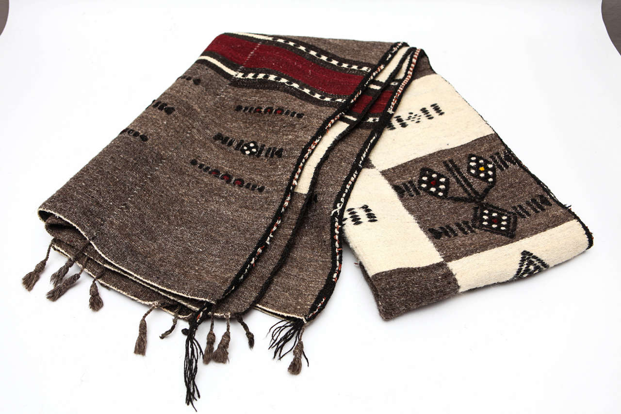 Traditional hand woven, brocaded blanket for Fulani tribal weddings (West, Central and Sudanese Africa). Made of 6 woven panels, Natural brown and white wool with brownish red and black handweave brocade.