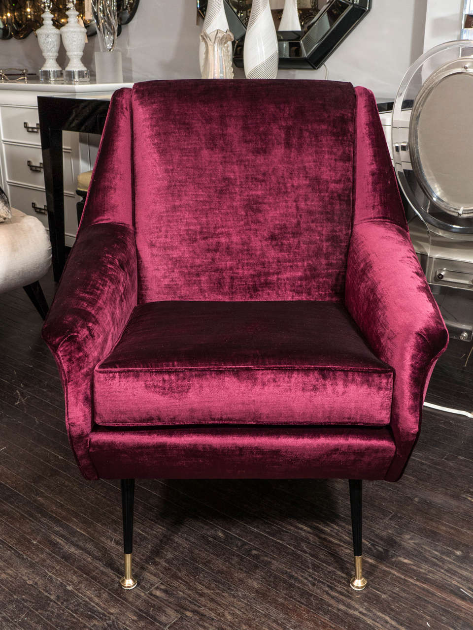 Pair of Italian Mid-Century Modern chairs upholstered in burgundy velvet.