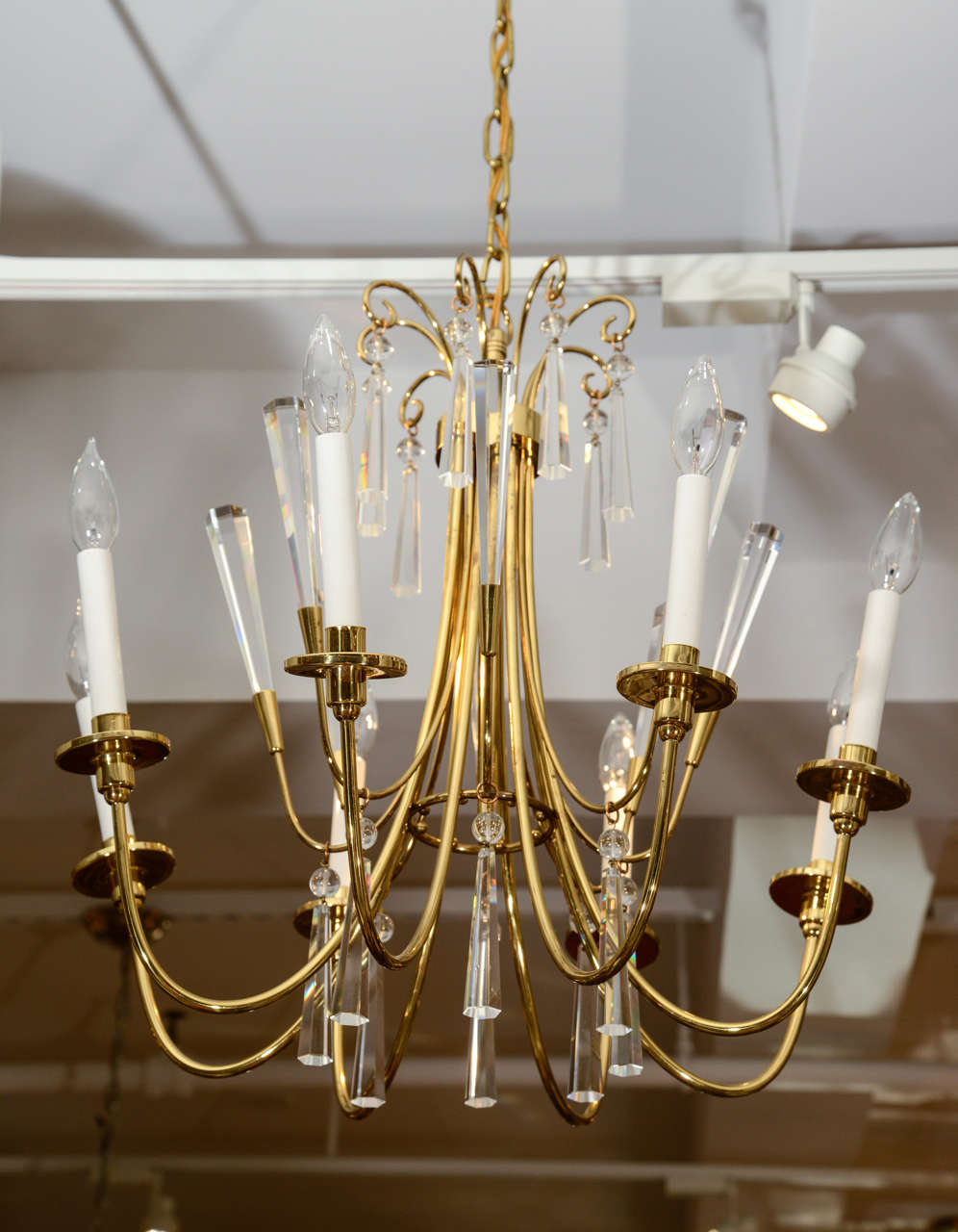 A lovely eight-arm German chandelier with crystal accents, circa 1970.