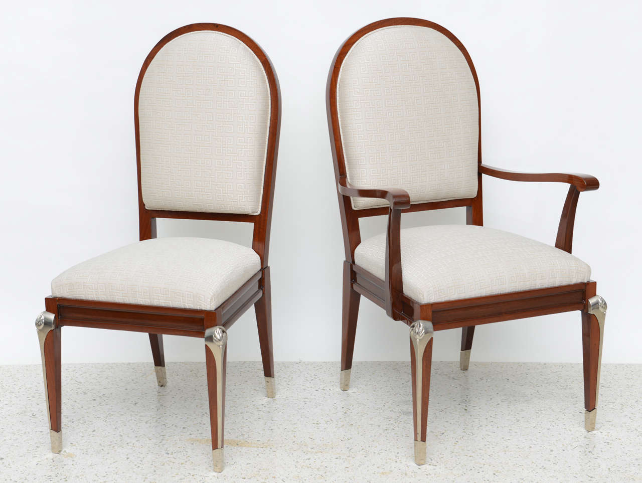 Mid-Century Modern Set of Eight Jean Pascaud Mahogany and Silvered Bronze-Mounted Dining Chairs For Sale
