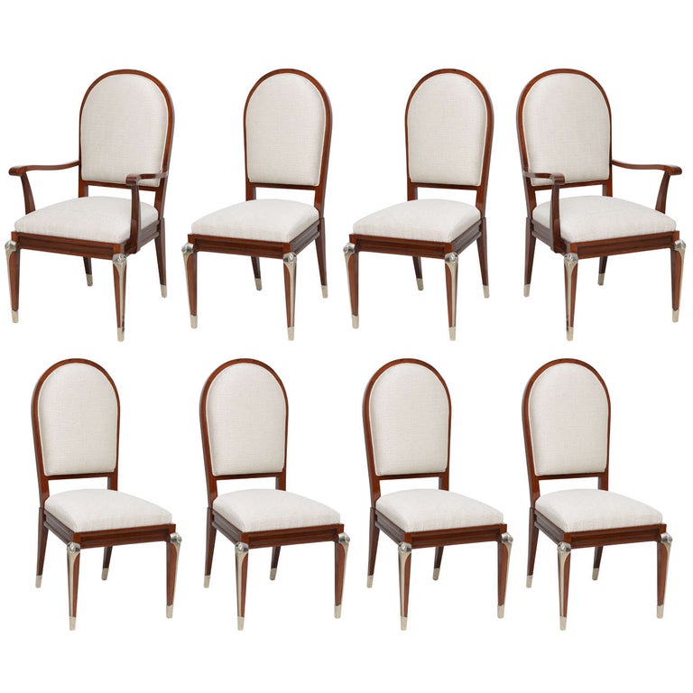 Set of Eight Jean Pascaud Mahogany and Silvered Bronze-Mounted Dining Chairs For Sale