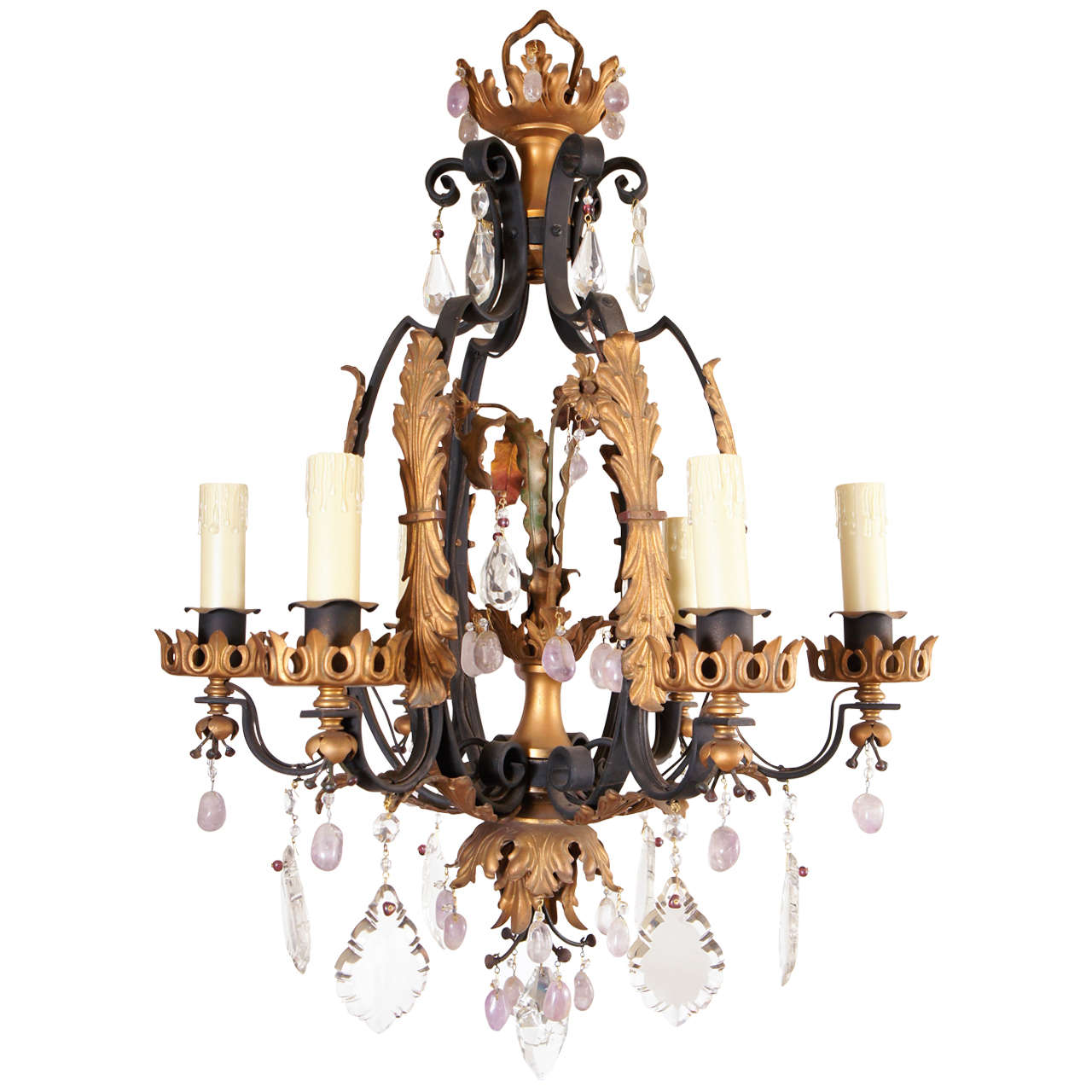 Early 20th c. Iron and Rock Crystal  Six Light Chandelier For Sale