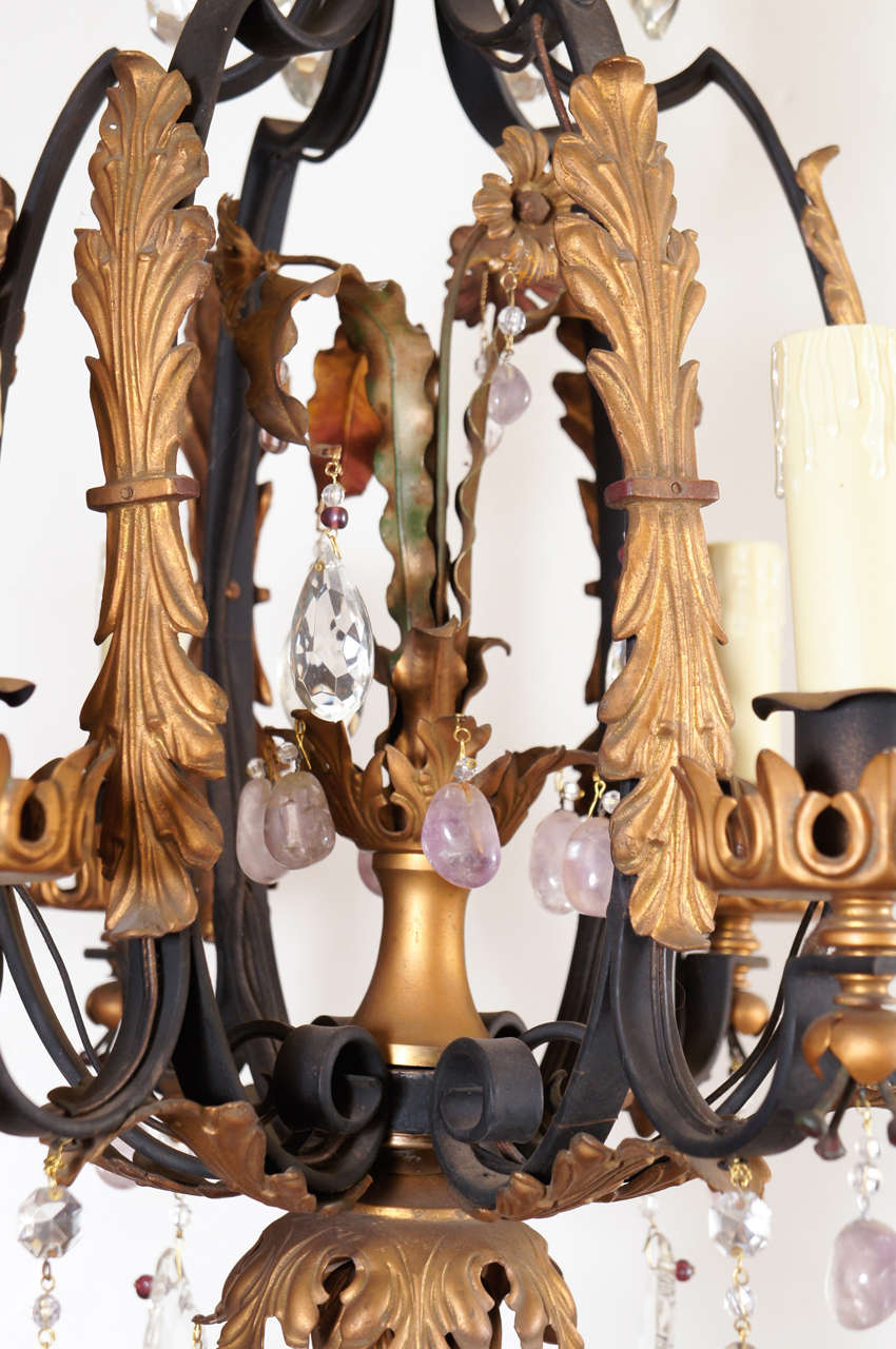 Baroque Early 20th c. Iron and Rock Crystal  Six Light Chandelier For Sale
