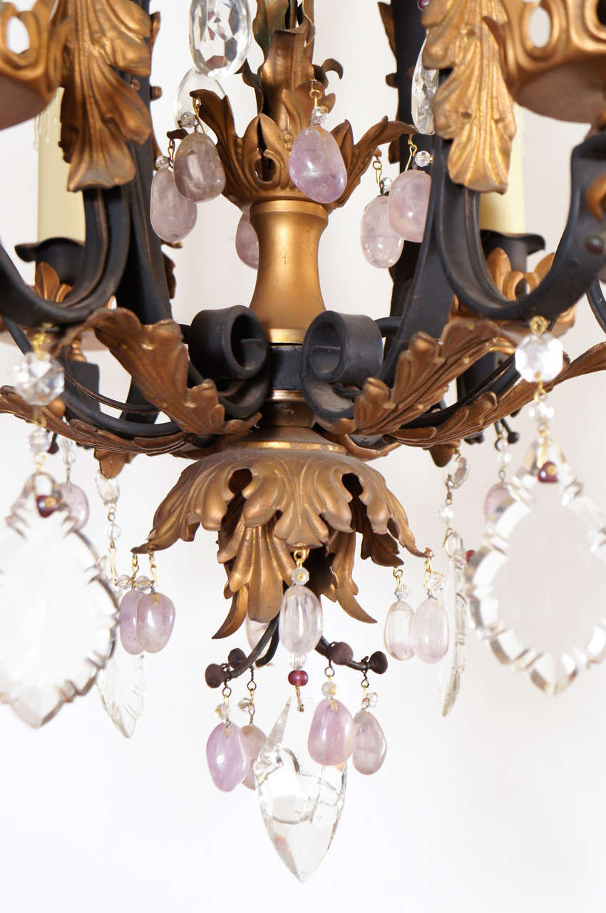 Italian Early 20th c. Iron and Rock Crystal  Six Light Chandelier For Sale