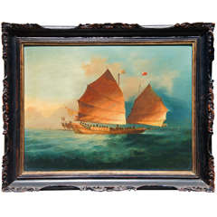 Late 19th c. Chinese Painting of a Junk at Sail.
