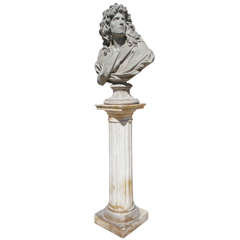 19 C Cast Plaster Bust of Moliere with Limestone Socle on Plaster Pedestal 7
