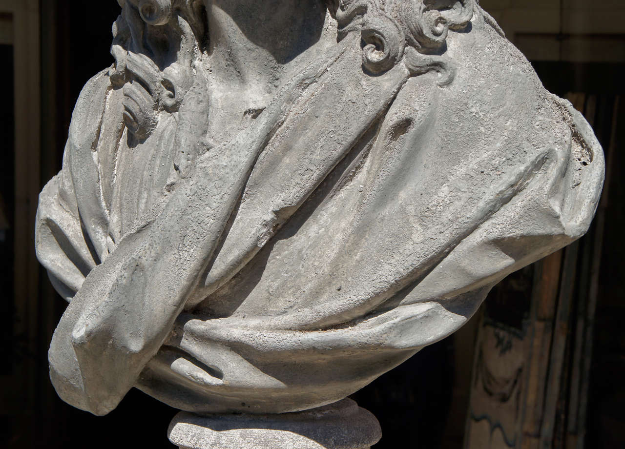 19 C  Cast Plaster Bust of Moliere with Limestone Socle on Plaster Pedestal In Good Condition For Sale In Hudson, NY