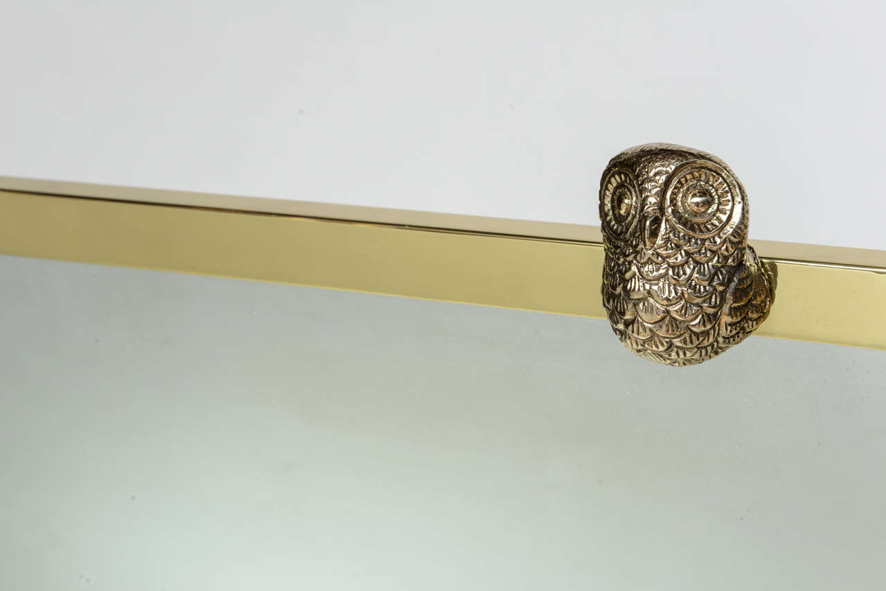 Vintage Brass Mirror with Owl Finial Detail In Excellent Condition In East Hampton, NY