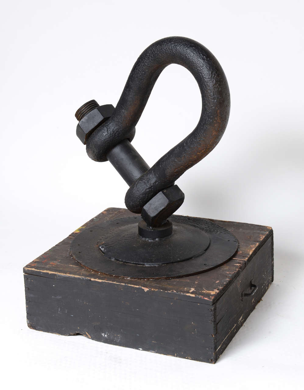 This antique large iron loop used in the shipyards is an original Steve Maeck creation. This piece sits atop a distressed black box. Can be removed from box and sit on table top.