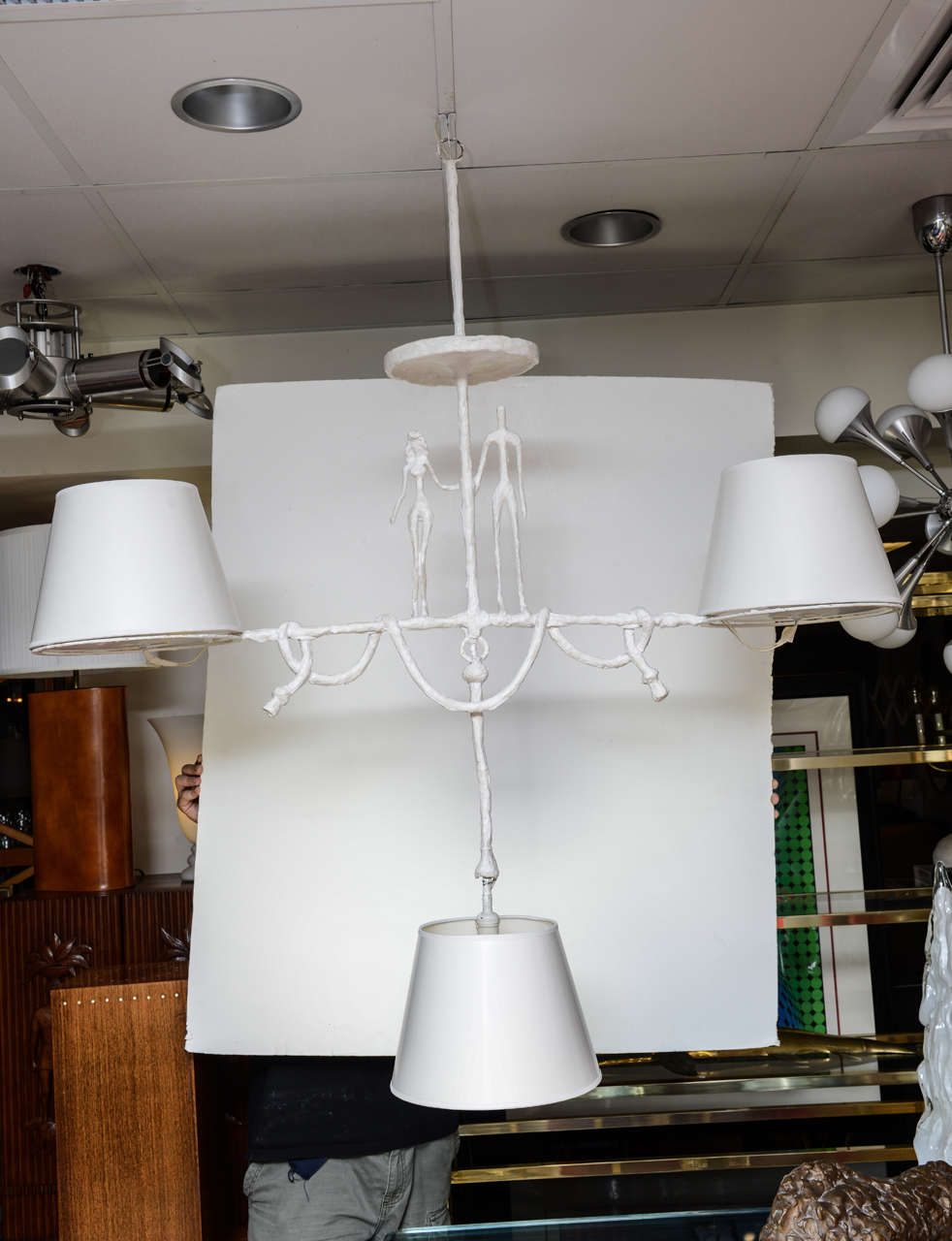 3 lights on this plaster clad chandelier with figural theme.
Wonderful vintage working condition and new shades.