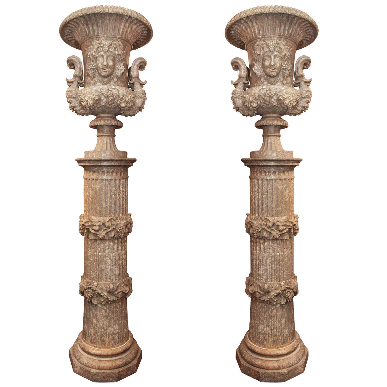 Pair of Antique Grand Sized Columns, Carved in " Marble of the Pyrenees"
