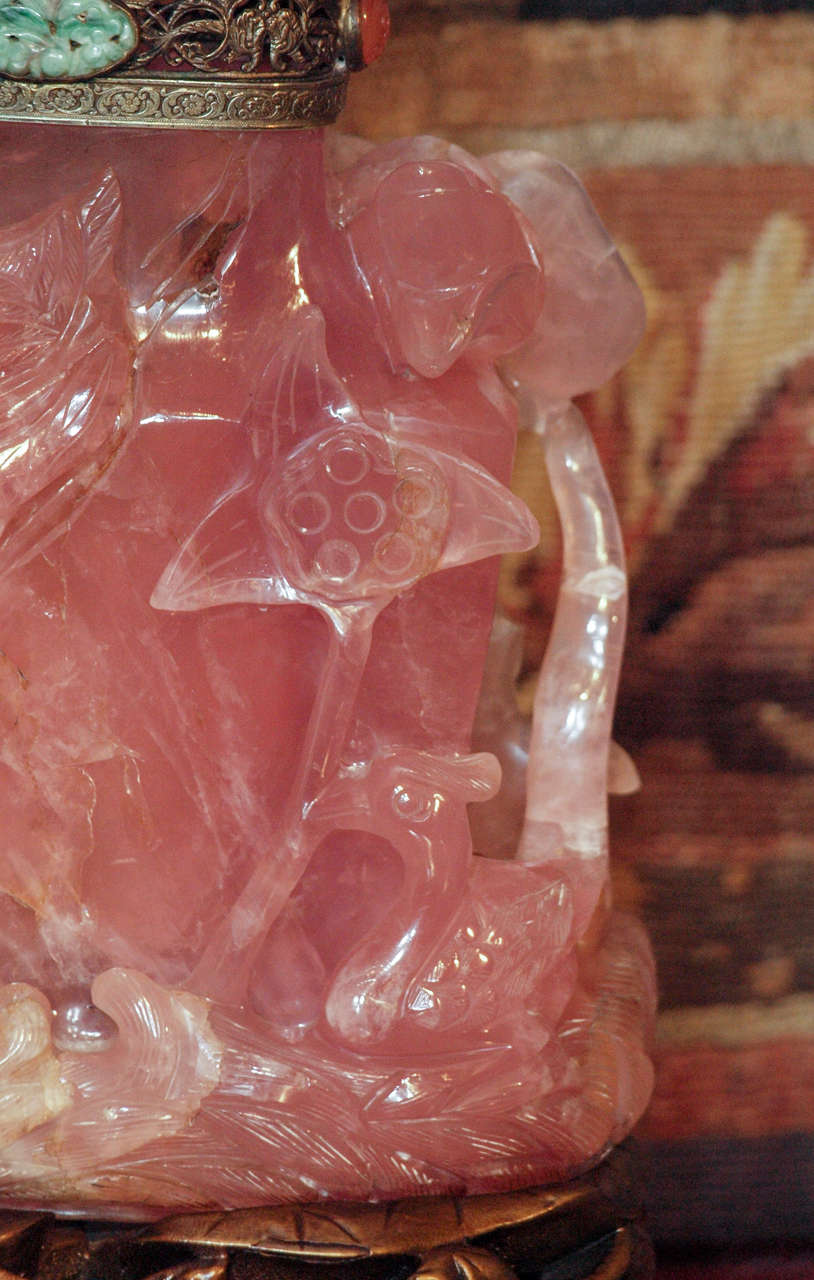 Antique Chinese Rose Quartz Carved Lamp In Excellent Condition In New Orleans, LA