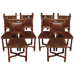 Set of 6 Antique Carved Walnut Chairs circa 1860-1870