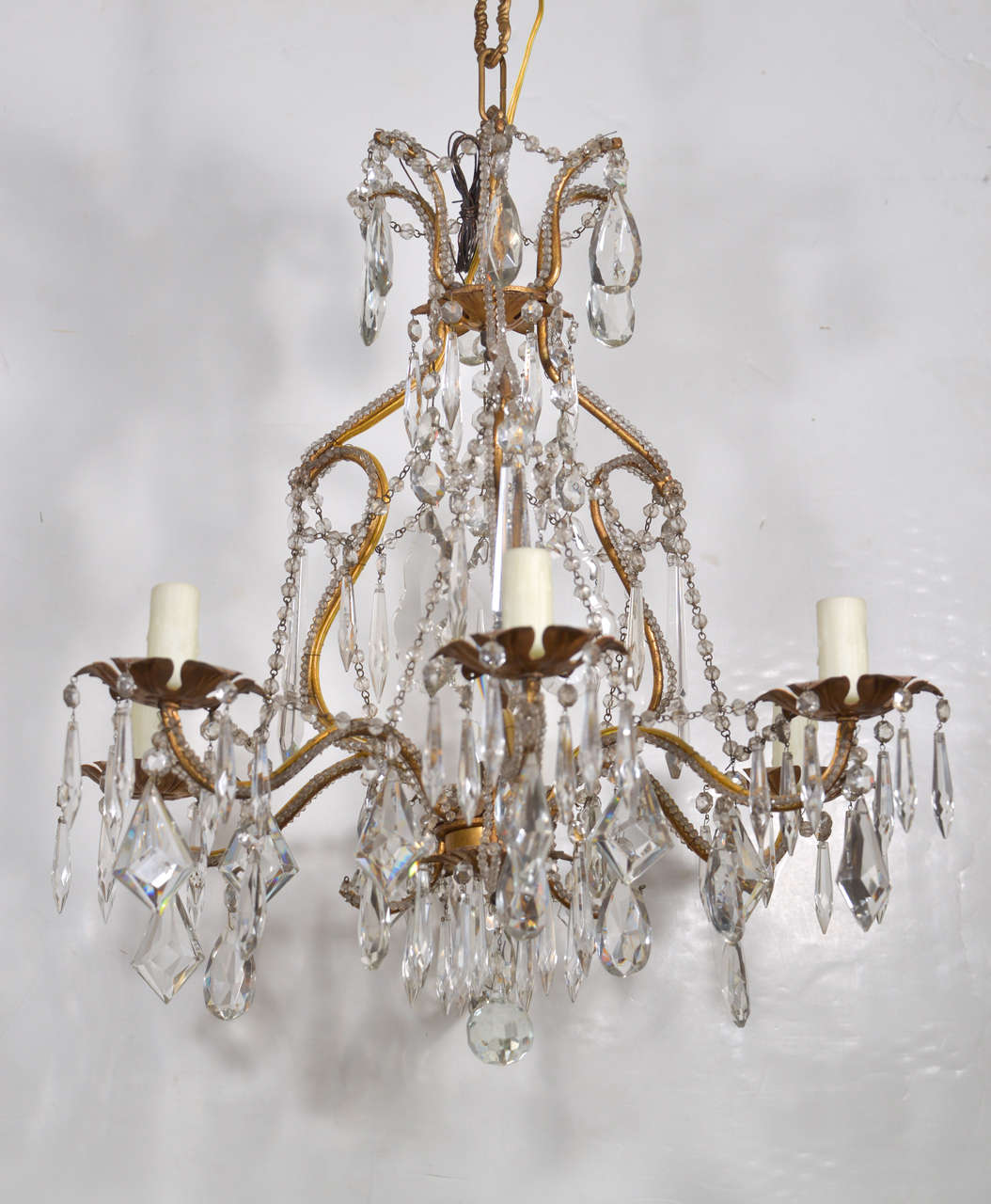 19th century rewired six-arm Venetian crystal chandelier. Delicate beading on the arms.