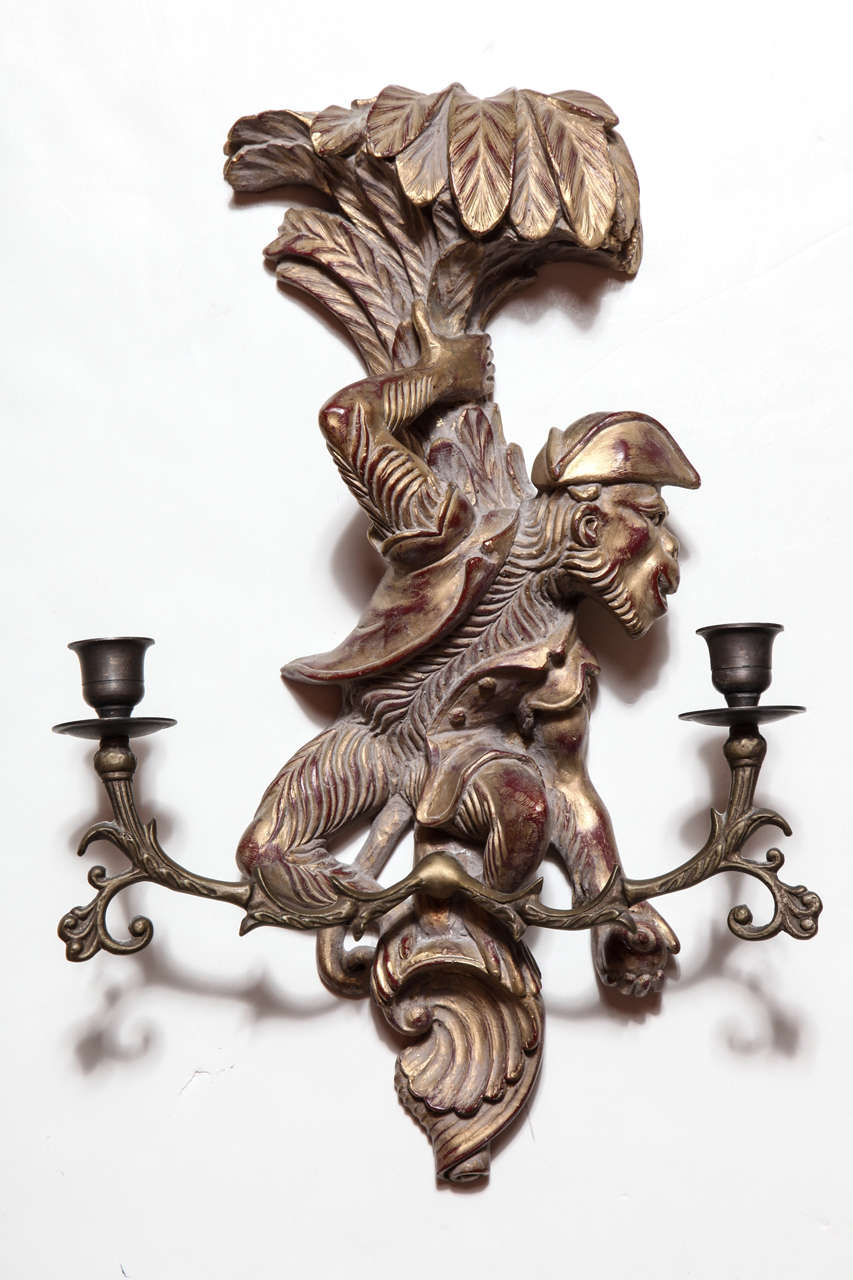 American 20th c. Rococo-style Wood Monkey Sconces
