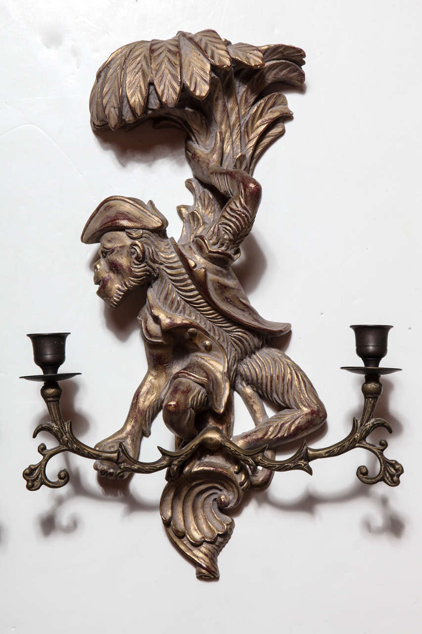20th c. Rococo-style Wood Monkey Sconces In Excellent Condition In High Point, NC