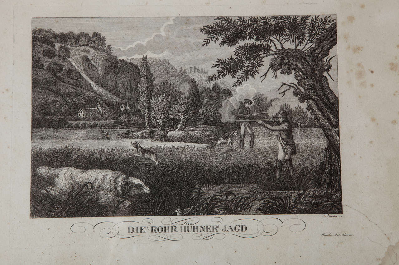 Romantic Set of Three German Hunting Engravings, 1800s For Sale