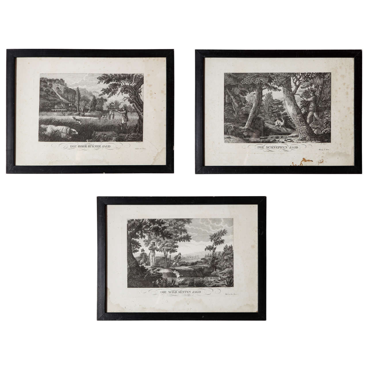 Set of Three German Hunting Engravings, 1800s For Sale