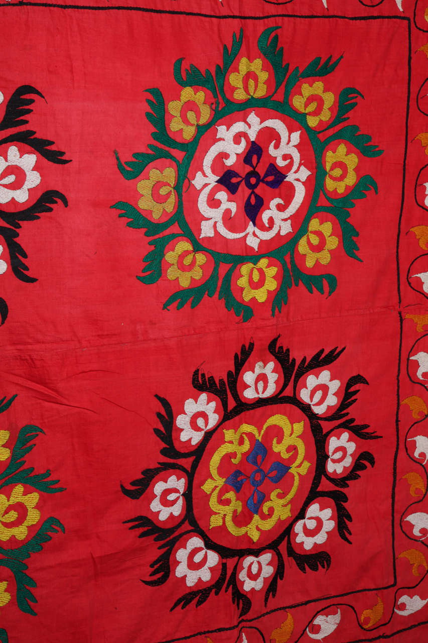 20th Century Vintage Red Turkish Suzani Throw For Sale