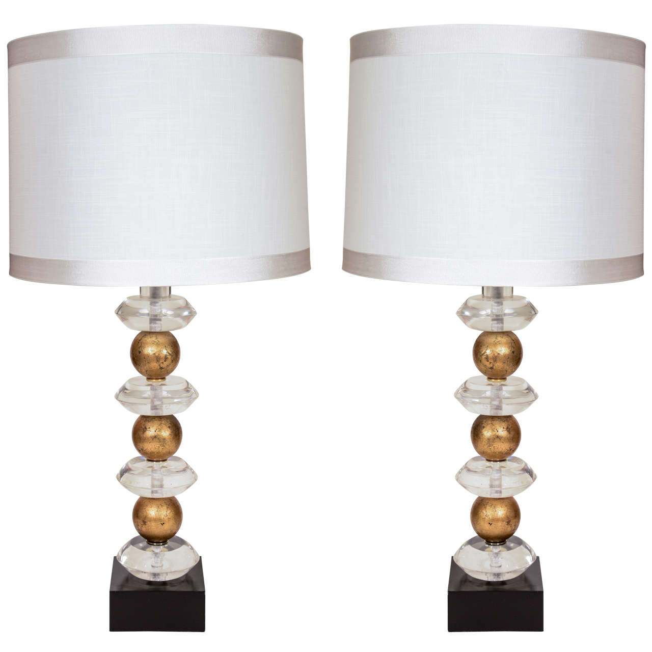 Pair of Lucite & Gilded Sphere Lamps by Van Teal
