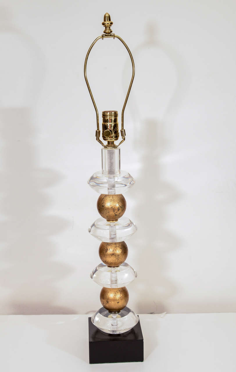 American Pair of Lucite & Gilded Sphere Lamps by Van Teal