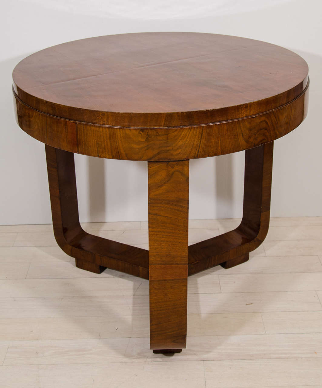 Round walnut Bauhaus style table on tripod bentwood base