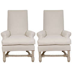 Pair of High-Backed Upholstered French Arm Chairs with Spool Base