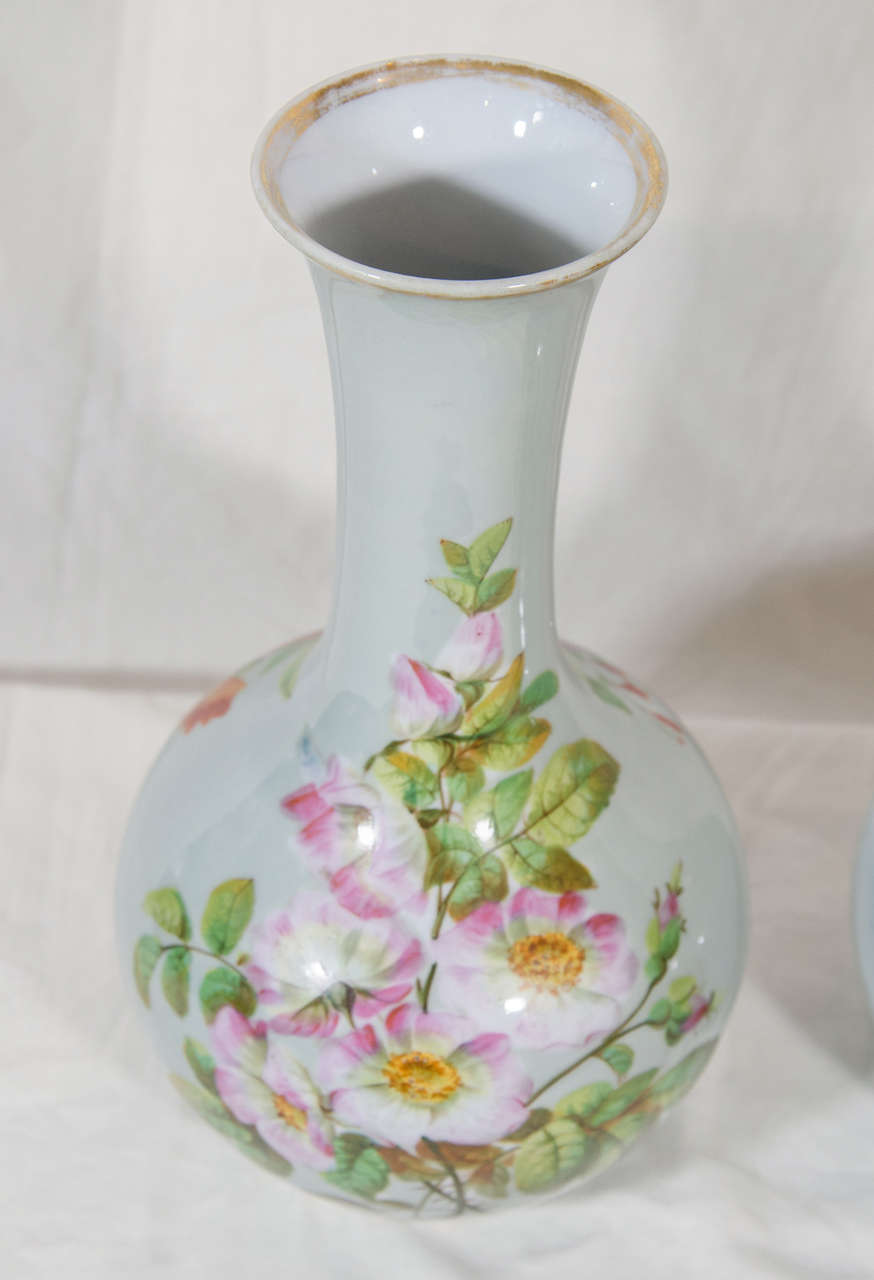 Belle Époque Pair of French Vases Opaline Hand Painted Flowers Circa 1870 For Sale