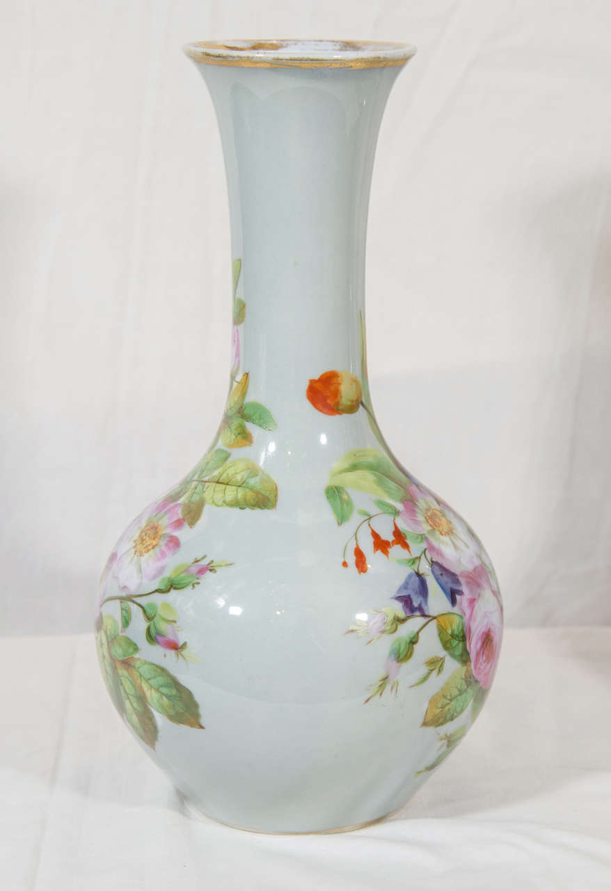 Hand-Painted Pair of French Vases Opaline Hand Painted Flowers Circa 1870 For Sale
