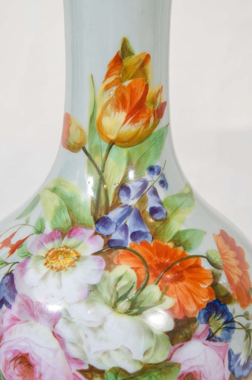 19th Century Pair of French Vases Opaline Hand Painted Flowers Circa 1870 For Sale