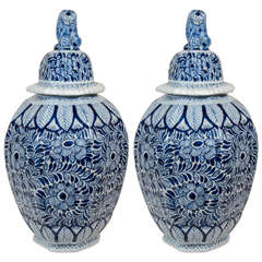 Pair of Blue and White Delft Covered Vases