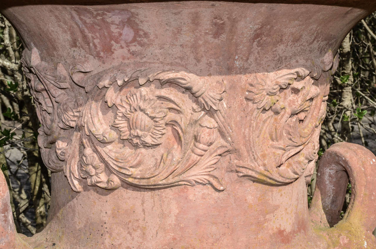 Neoclassical English Terra Cotta Color Cast Stone Neo Classical Style Urns On Pedestals For Sale