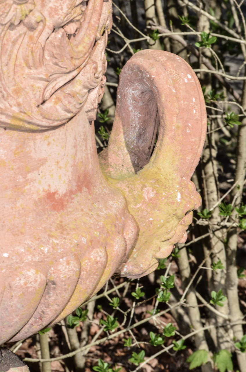 British English Terra Cotta Color Cast Stone Neo Classical Style Urns On Pedestals For Sale