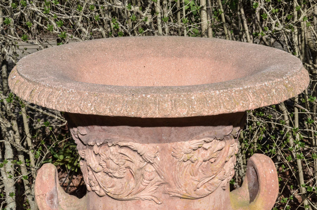 20th Century English Terra Cotta Color Cast Stone Neo Classical Style Urns On Pedestals For Sale