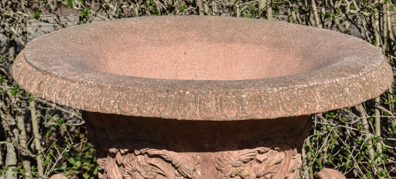 English Terra Cotta Color Cast Stone Neo Classical Style Urns On Pedestals For Sale 1