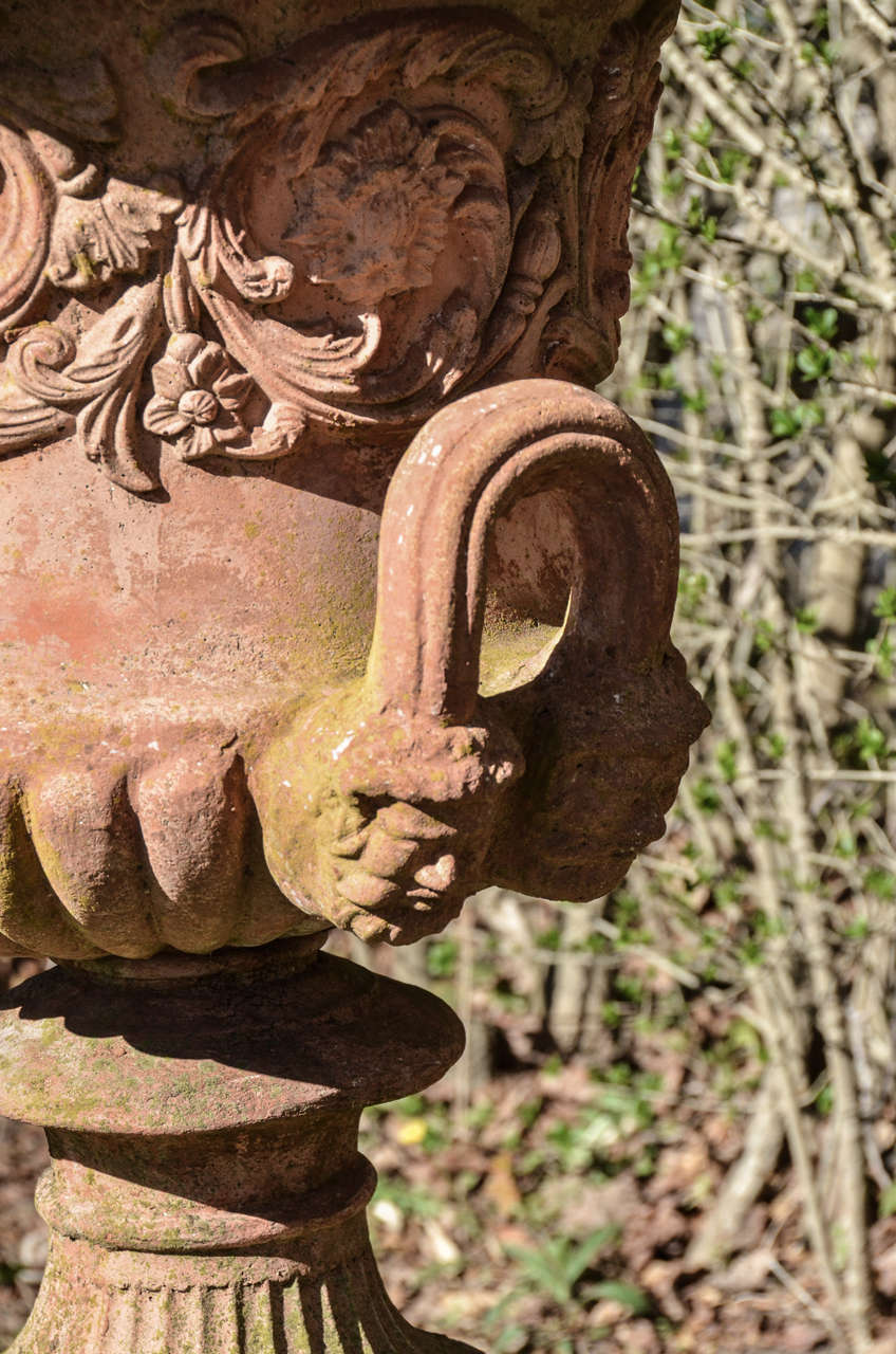 English Terra Cotta Color Cast Stone Neo Classical Style Urns On Pedestals For Sale 2