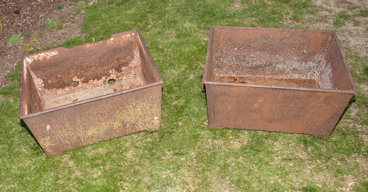 English 19th Cent. Rectangular Ring Handled Planters--- Originally Used For Watering Troughs For Livestock. Wonderful Rusted Patina. Very Heavy Gauge Cast Iron, Impressive Large Size.
