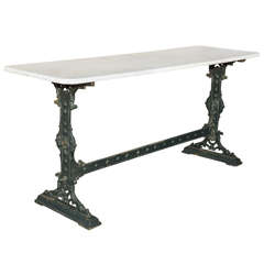 Antique Unusually Long Marble Top Cast Iron English Pub Table