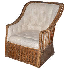 Vintage English Natural Wicker Tufted Back Tub Chair