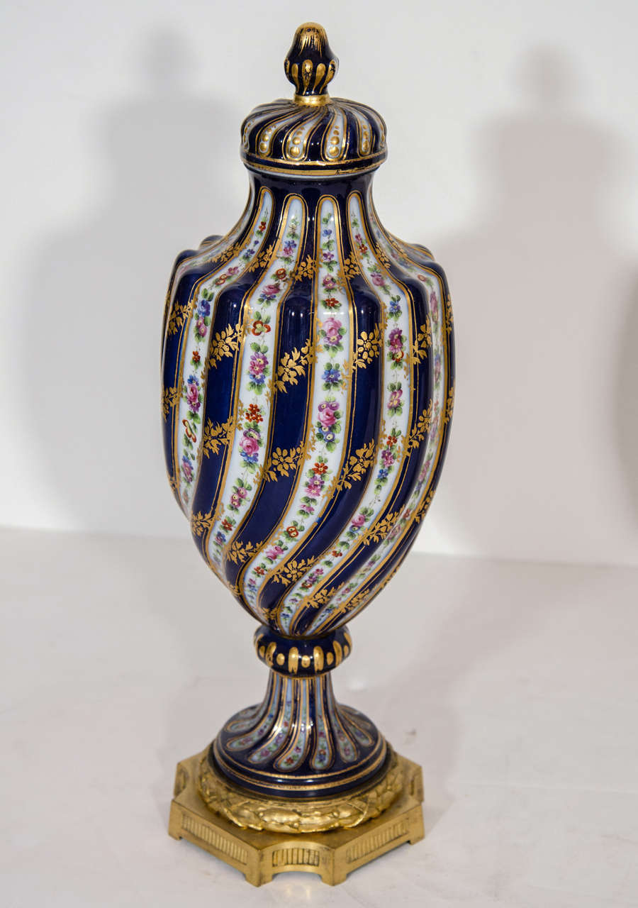 19th Century Pair of Antique French Sevres Style Porcelain and Gilt Bronze Covered Vases For Sale