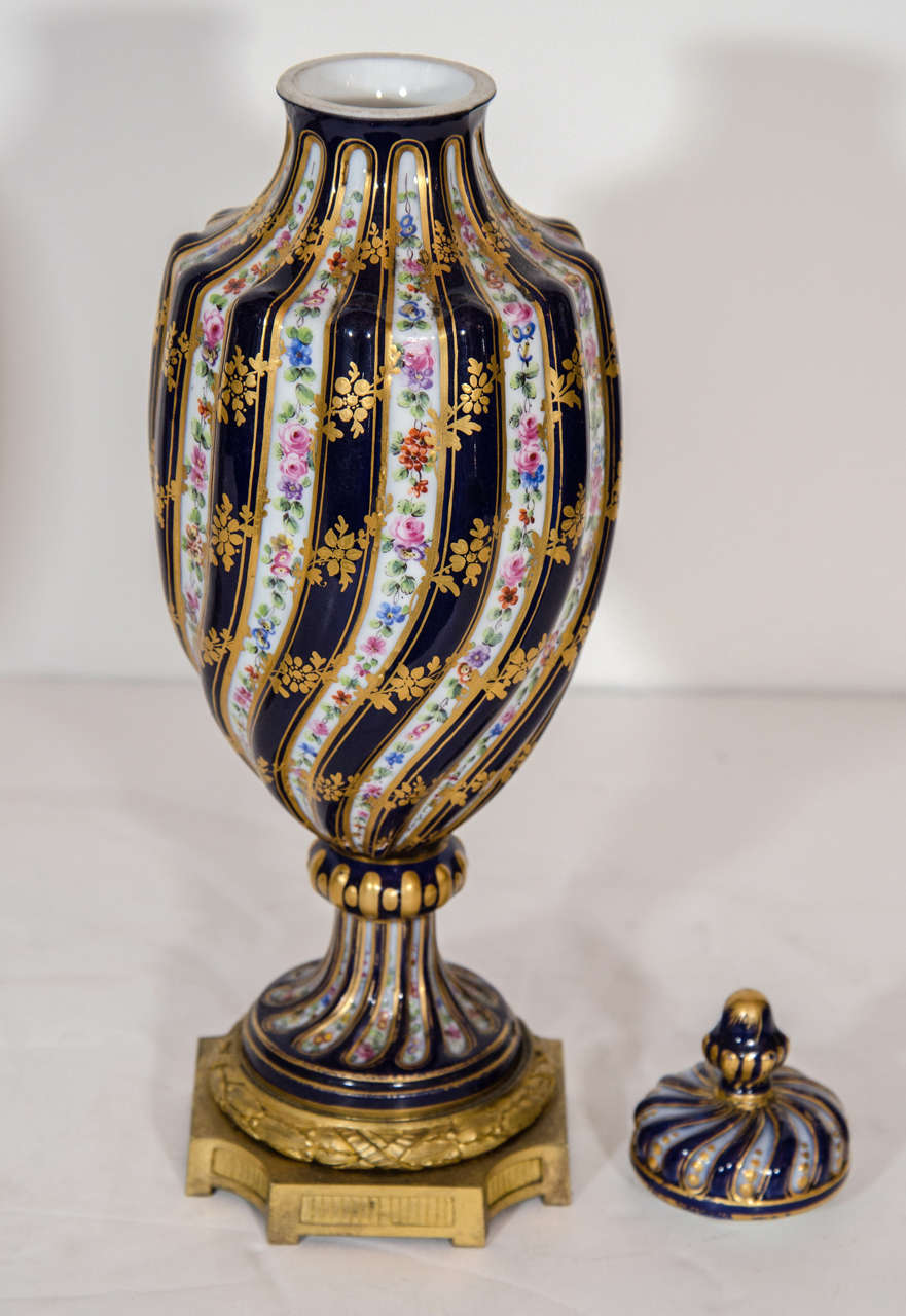 Pair of Antique French Sevres Style Porcelain and Gilt Bronze Covered Vases For Sale 1