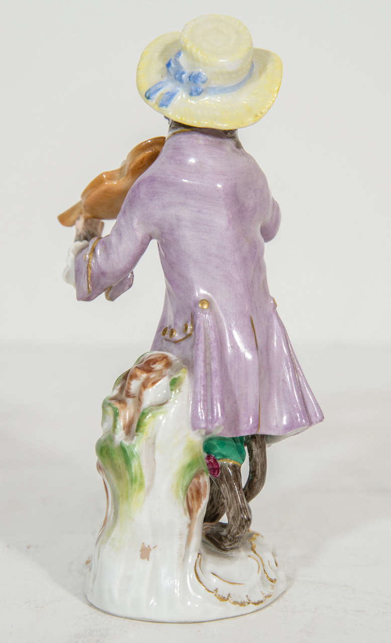 Hand-Crafted Meissen Porcelain Monkey Musician Figurine For Sale