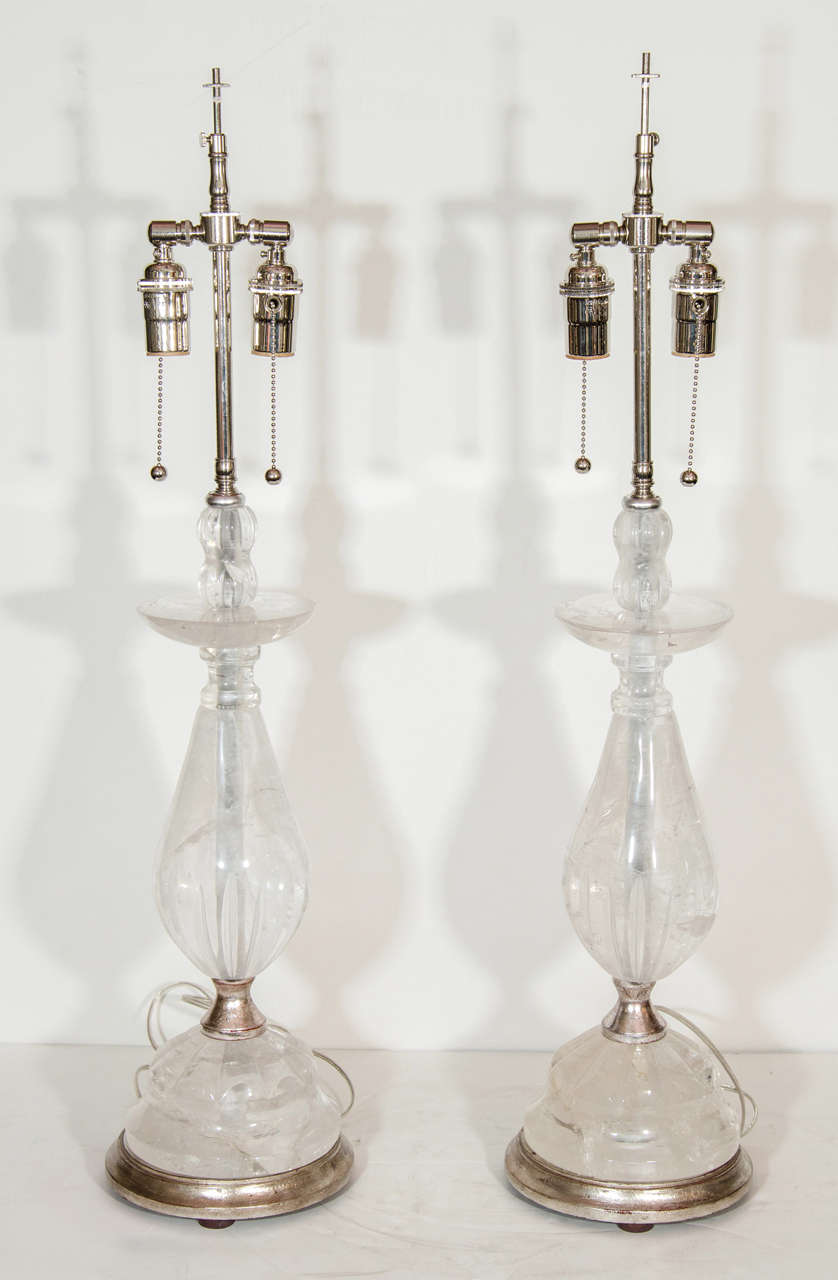 Pair of Large French Louis XVI Style Cut Rock Crystal Silvered Mounted Lamps