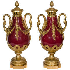 Pair of Antique French Louis XVI Gilt Bronze and Red Sevres Style Porcelain Urns