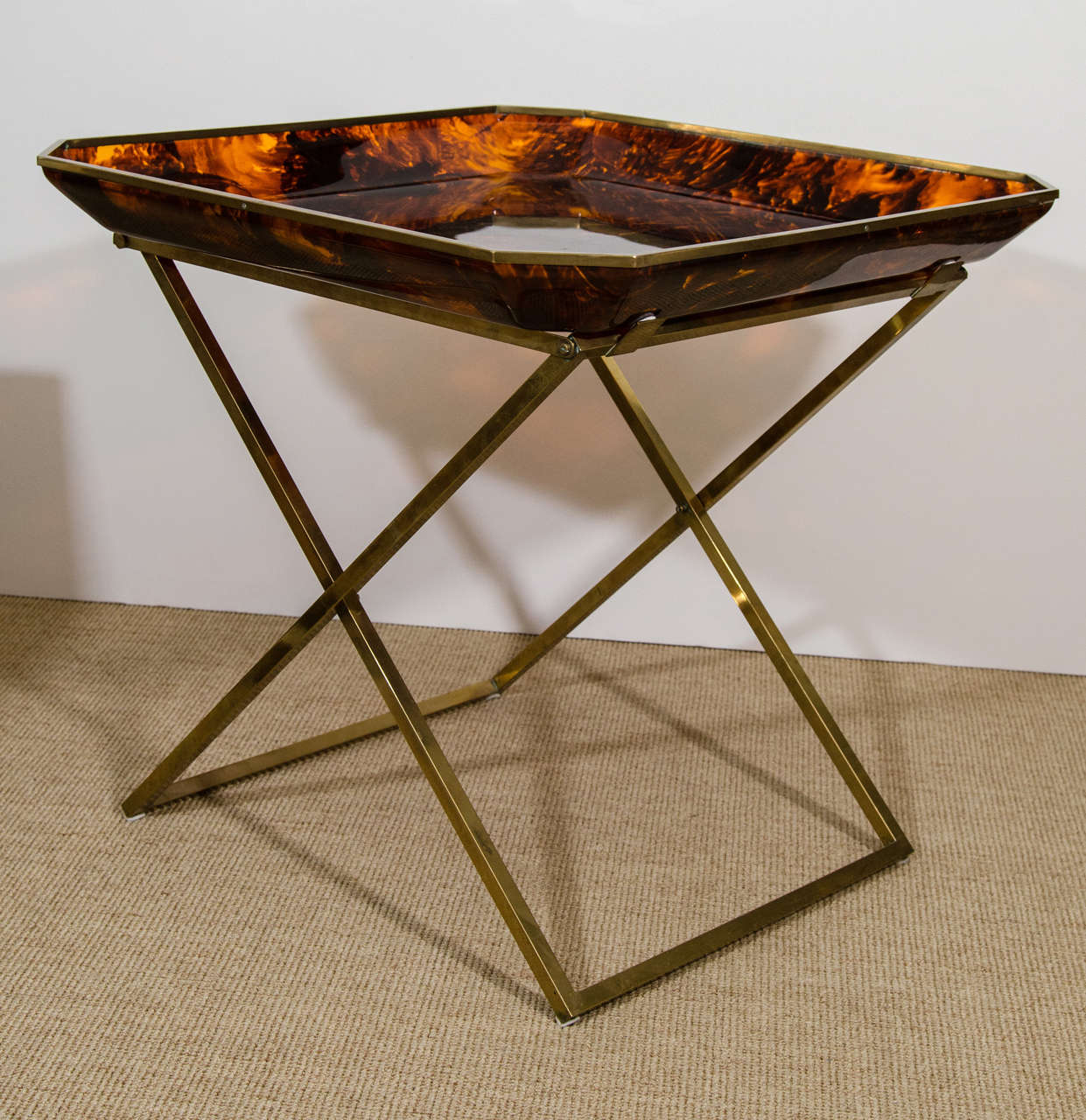 Tortoise Plexiglas Tray Table with a Brass "X" Base, Archea-Milano, 1970