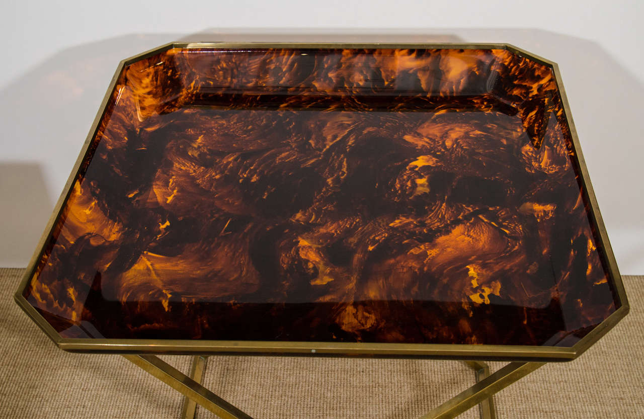 Tortoise Plexiglas Tray Table with a Brass 