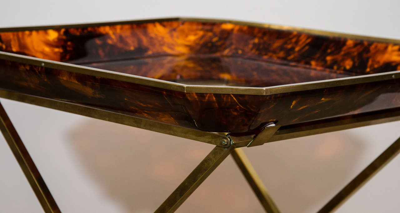 Late 20th Century Tortoise Plexiglas Tray Table with a Brass 