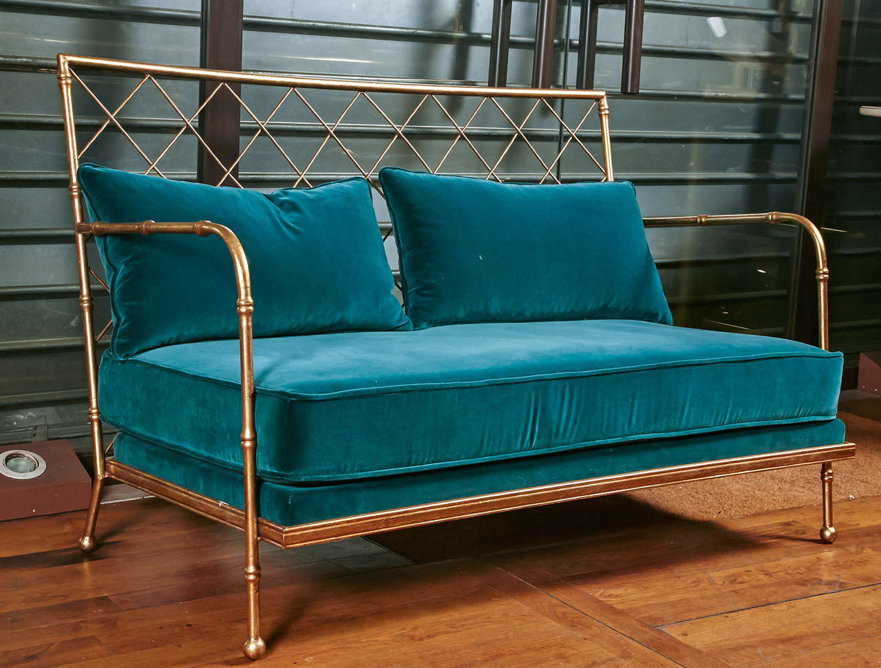 Pair of gilt metal banquette, bamboo style, lattice back, newly upholstered with Rubelli velvet