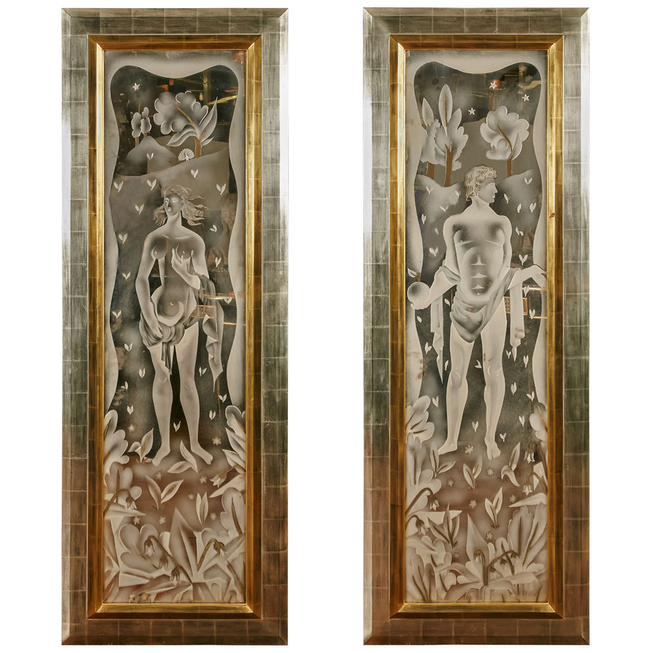 Amazing Pair of Engraved Mirrors "Adam and Eve"