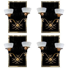 Pair of Big Art Deco Style Black Mirror Wall Sconces of Murano Glass